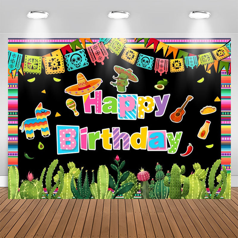 Lofaris Mexican Fiesta Colored Flag Cactus Birthday Backdrop