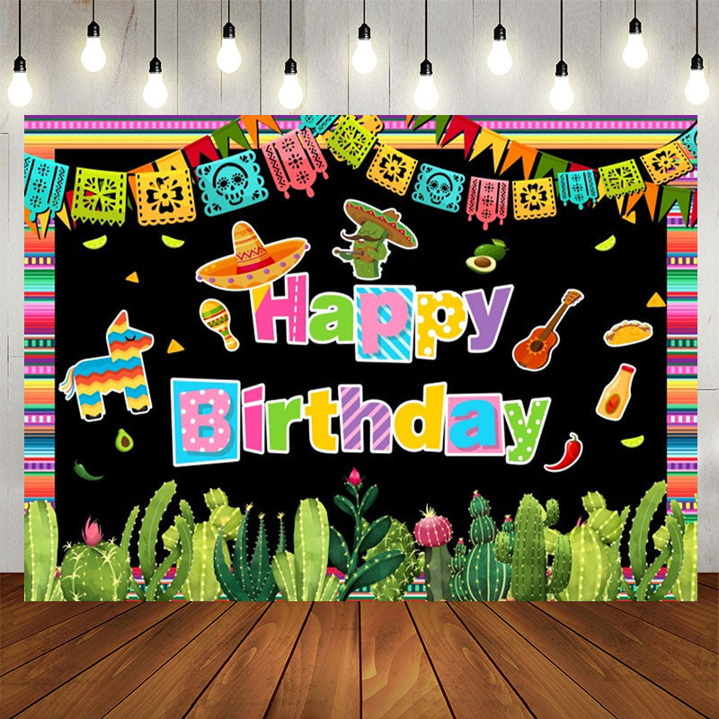 Lofaris Mexican Fiesta Colored Flag Cactus Birthday Backdrop