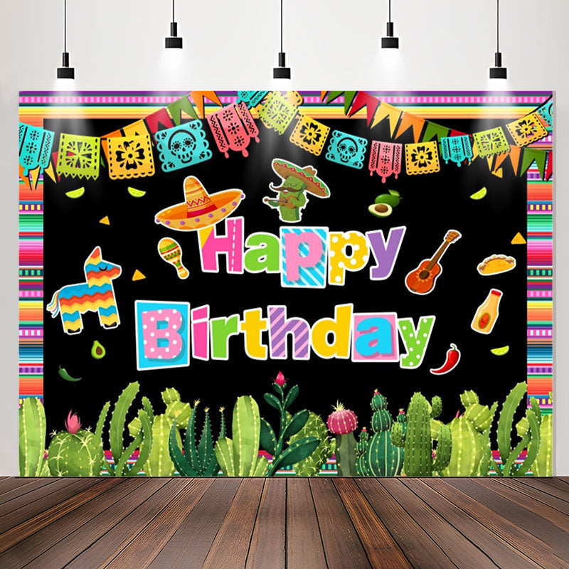 Lofaris Mexican Fiesta Colored Flag Cactus Birthday Backdrop