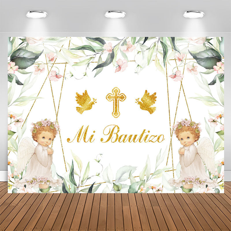 Lofaris Mi Bautizo Angels Green Plants Baptism Backdrop