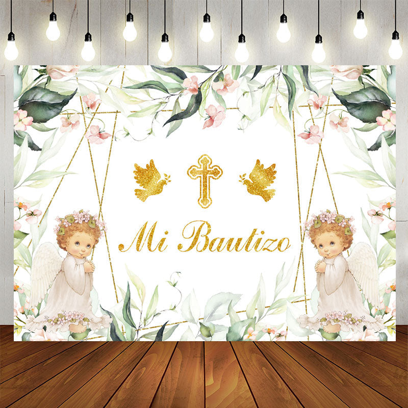 Lofaris Mi Bautizo Angels Green Plants Baptism Backdrop