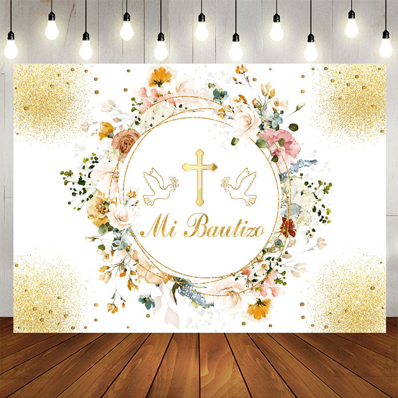 Lofaris Mi Bautizo Floral Garland Golden Baptism Backdrop