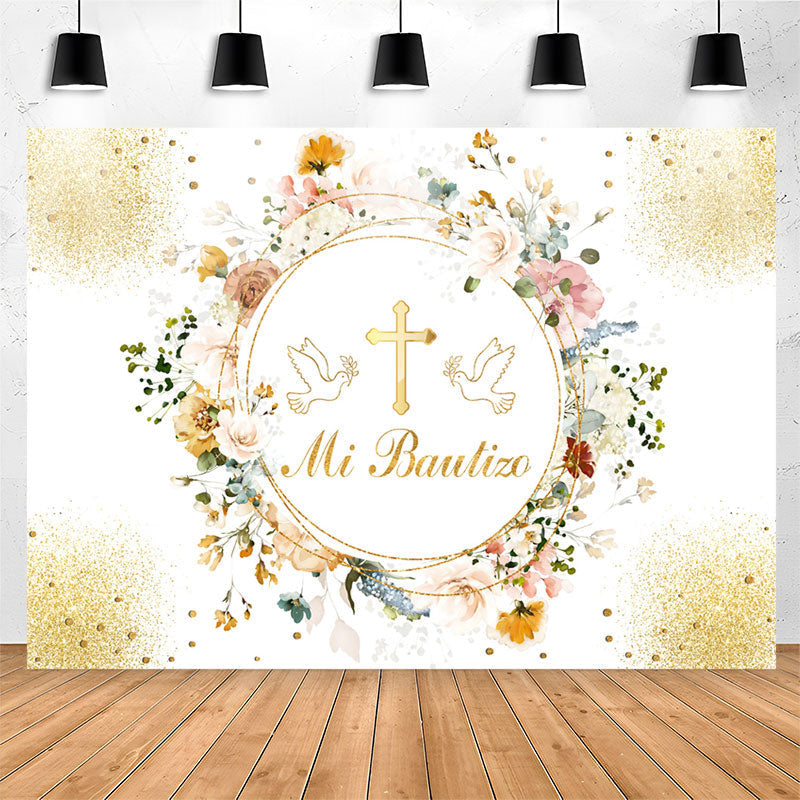Lofaris Mi Bautizo Floral Garland Golden Baptism Backdrop