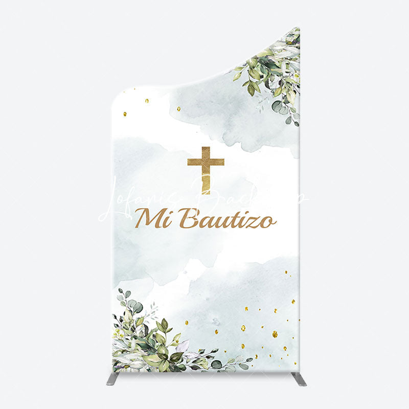 Lofaris Mi Bautizo Gold Cross Leaves Arch Baptism Backdrop