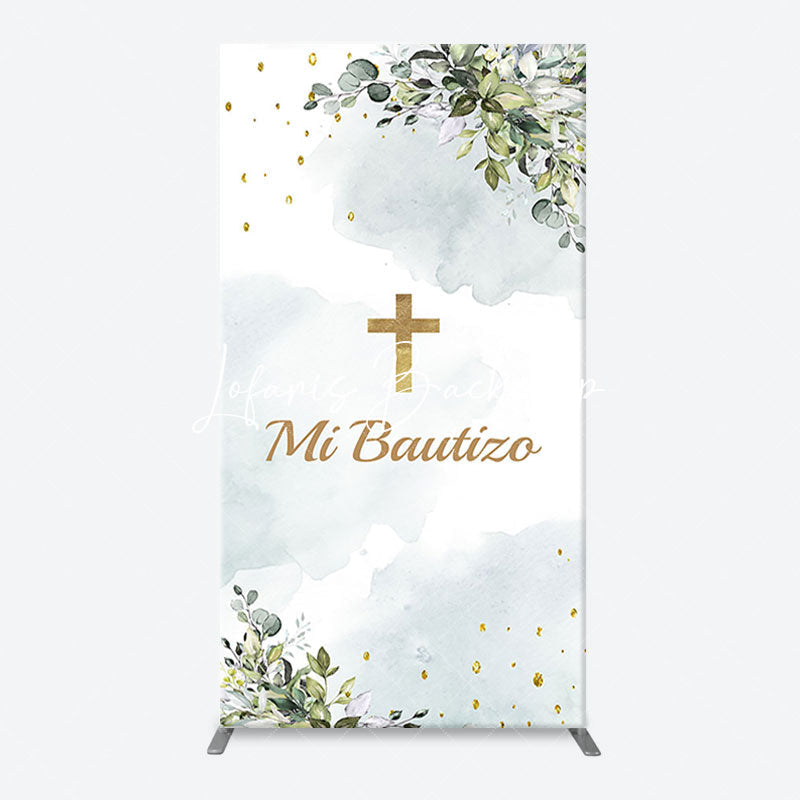 Lofaris Mi Bautizo Gold Cross Leaves Arch Baptism Backdrop