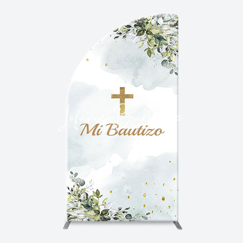 Lofaris Mi Bautizo Gold Cross Leaves Arch Baptism Backdrop