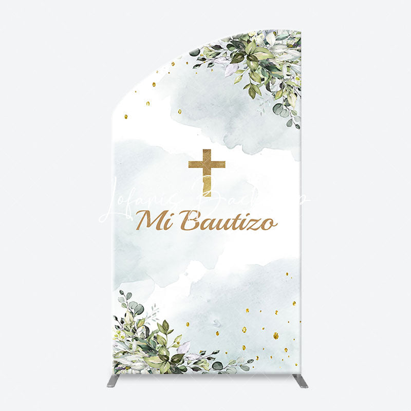 Lofaris Mi Bautizo Gold Cross Leaves Arch Baptism Backdrop