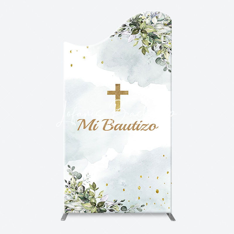 Lofaris Mi Bautizo Gold Cross Leaves Arch Baptism Backdrop