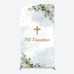 Lofaris Mi Bautizo Gold Cross Leaves Arch Baptism Backdrop