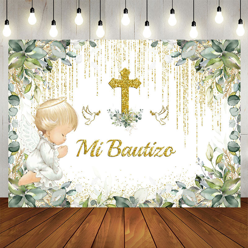 Lofaris Mi Bautizo Green Plants Glitter Baptism Backdrop