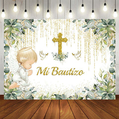 Lofaris Mi Bautizo Green Plants Glitter Baptism Backdrop