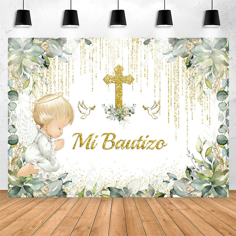 Lofaris Mi Bautizo Green Plants Glitter Baptism Backdrop