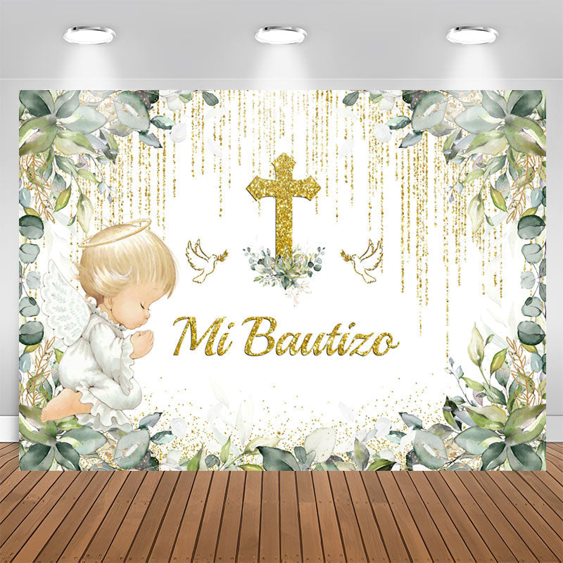 Lofaris Mi Bautizo Green Plants Glitter Baptism Backdrop