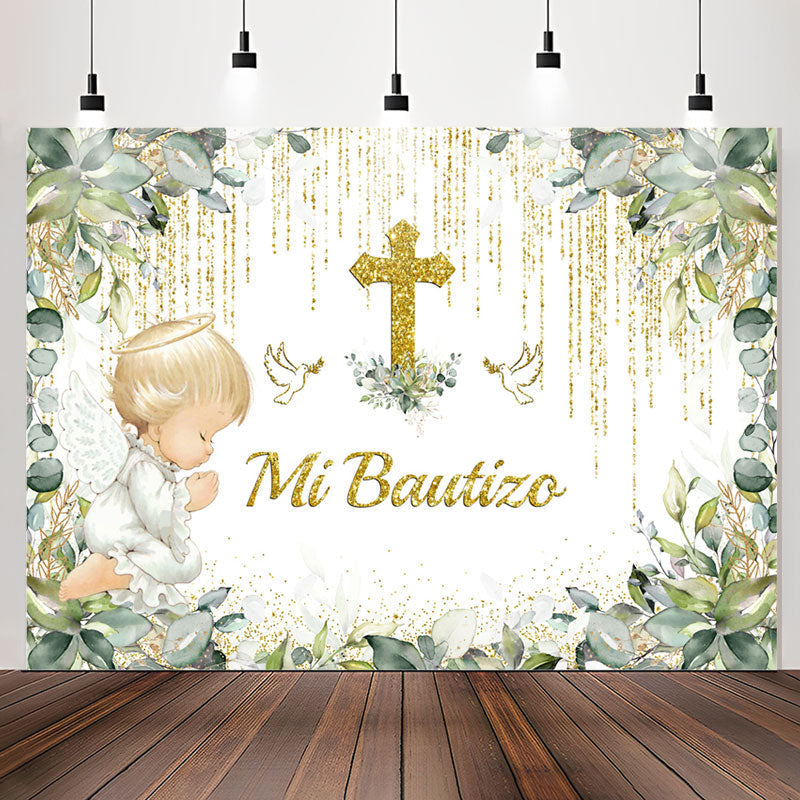 Lofaris Mi Bautizo Green Plants Glitter Baptism Backdrop