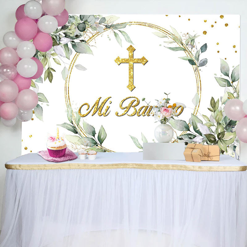 Lofaris Mi Bautizo Greeny Gold Cross Baptism Backdrop