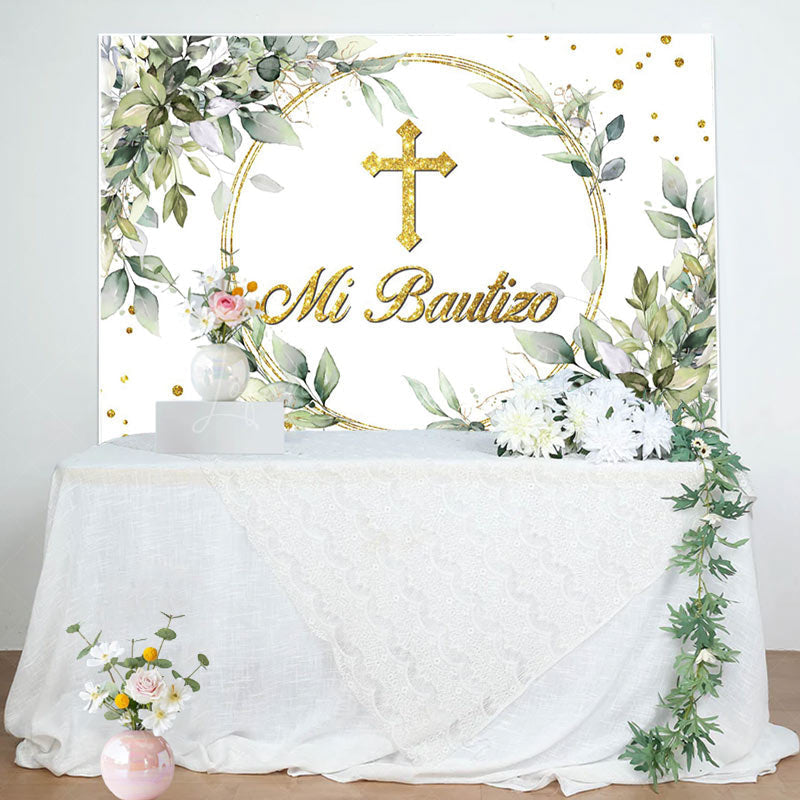 Lofaris Mi Bautizo Greeny Gold Cross Baptism Backdrop