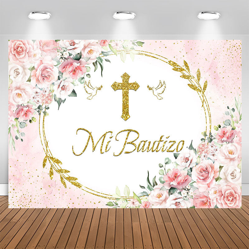 Lofaris Mi Bautizo Pink Floral Dove Sequin Baptism Backdrop