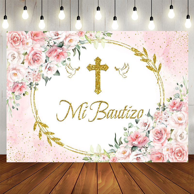Lofaris Mi Bautizo Pink Floral Dove Sequin Baptism Backdrop
