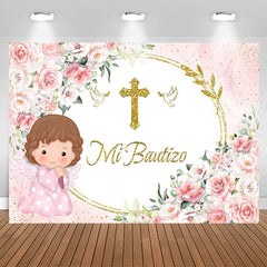Lofaris Mi Bautizo Pink Flowers Baby Girl Baptism Backdrop