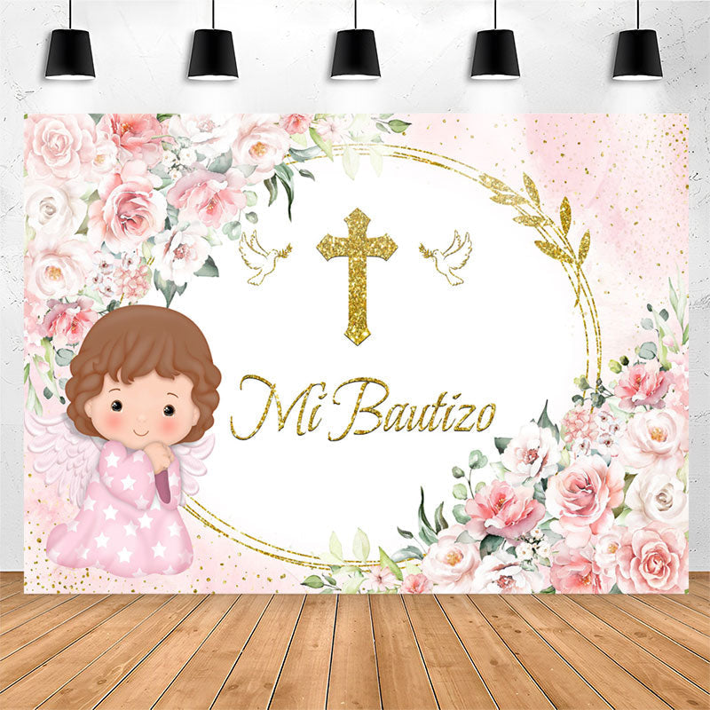 Lofaris Mi Bautizo Pink Flowers Baby Girl Baptism Backdrop