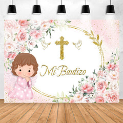 Lofaris Mi Bautizo Pink Flowers Baby Girl Baptism Backdrop