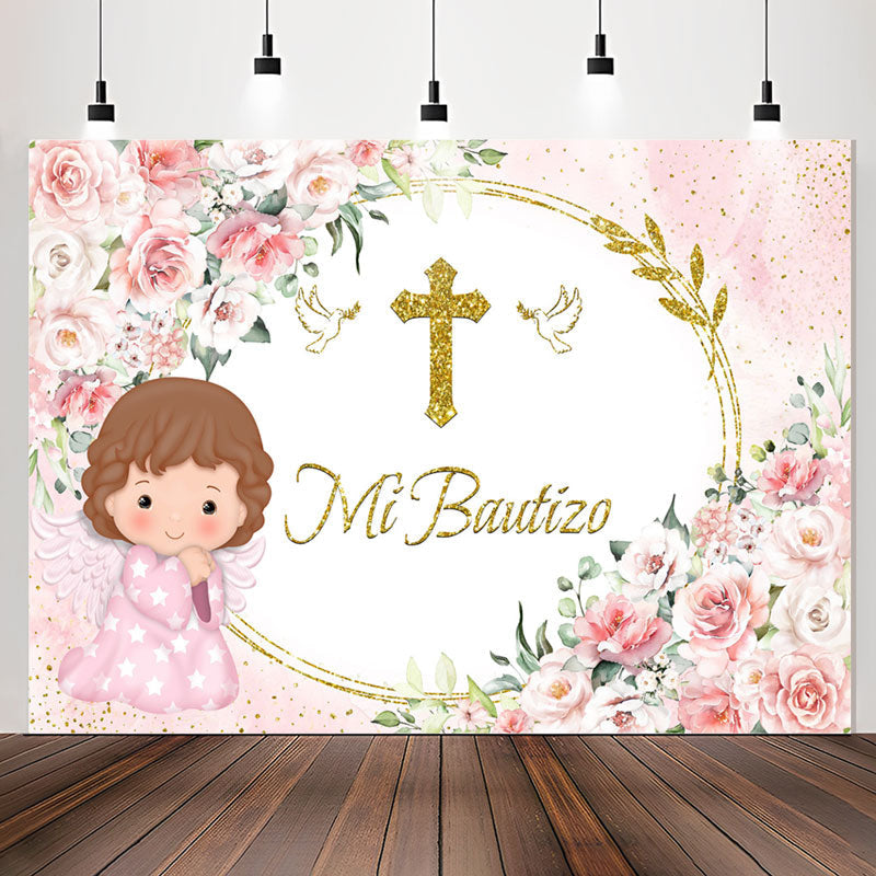 Lofaris Mi Bautizo Pink Flowers Baby Girl Baptism Backdrop