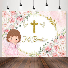 Lofaris Mi Bautizo Pink Flowers Baby Girl Baptism Backdrop