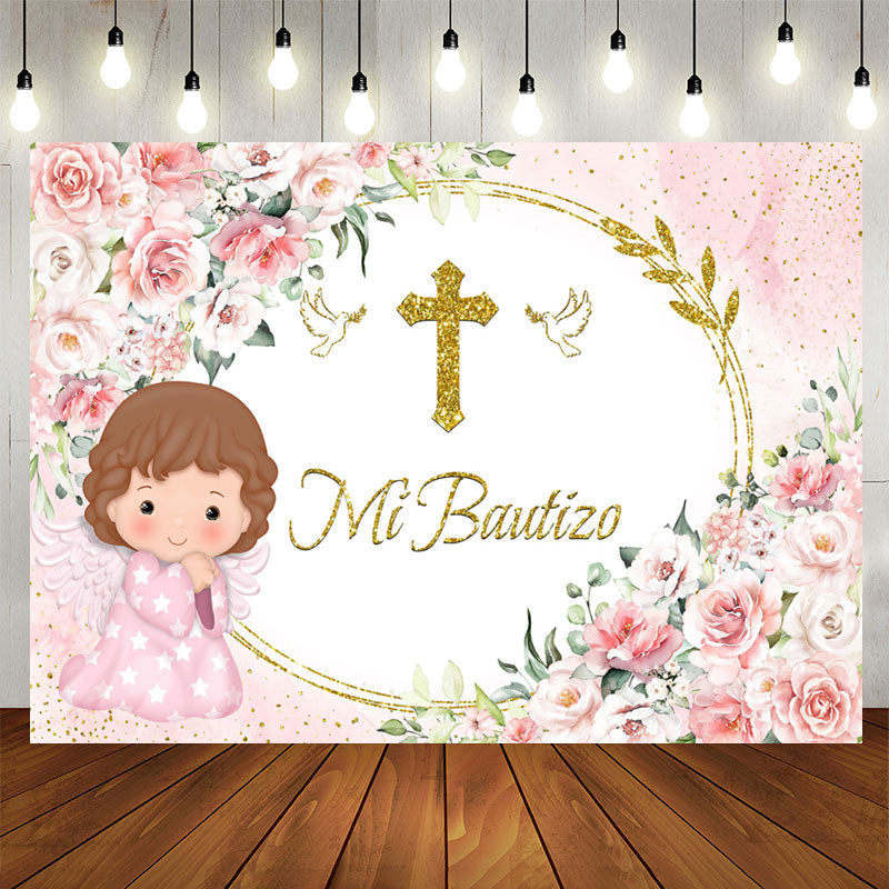 Lofaris Mi Bautizo Pink Flowers Baby Girl Baptism Backdrop