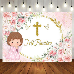 Lofaris Mi Bautizo Pink Flowers Baby Girl Baptism Backdrop