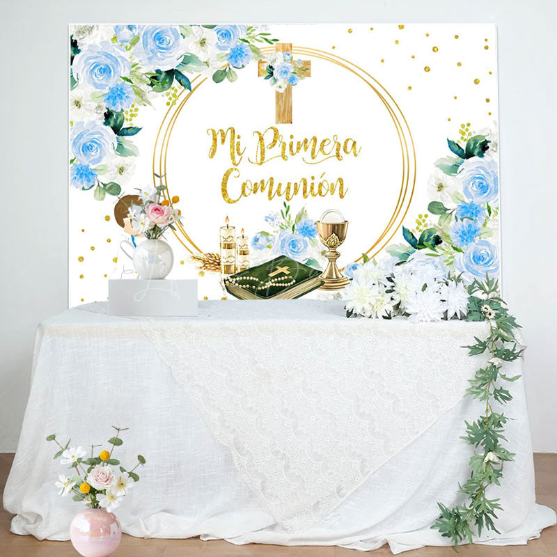 Lofaris Mi Primera Comunion Cross Flowers Baptism Backdrop