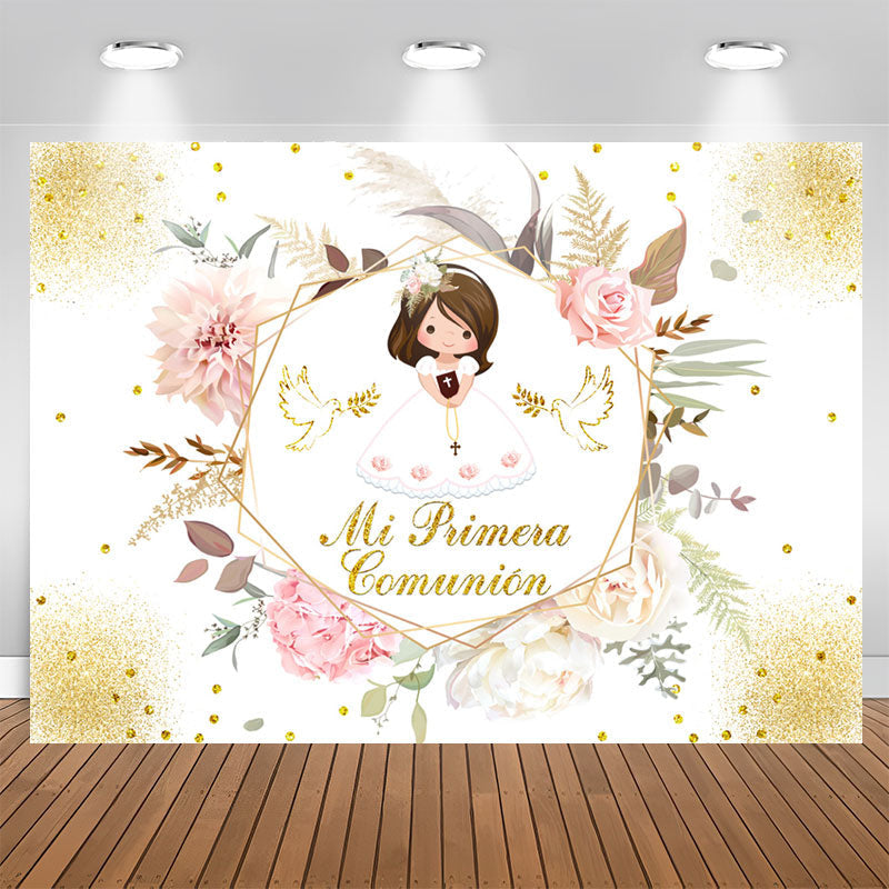 Lofaris Mi Primera Comunion Floral Glitter Baptism Backdrop