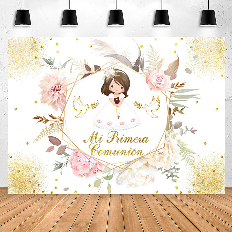 Lofaris Mi Primera Comunion Floral Glitter Baptism Backdrop