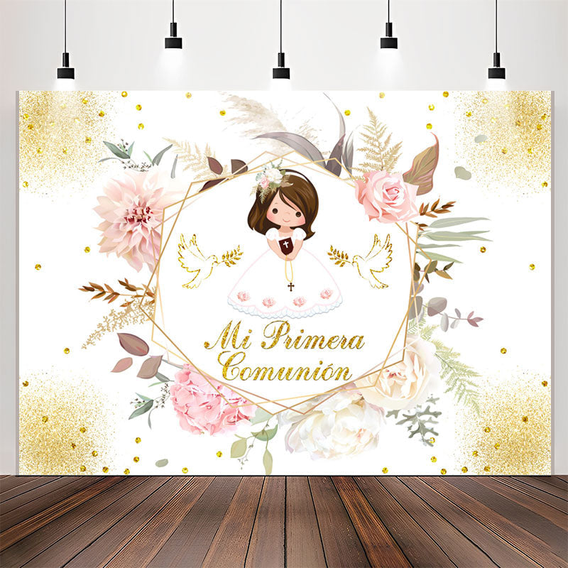 Lofaris Mi Primera Comunion Floral Glitter Baptism Backdrop