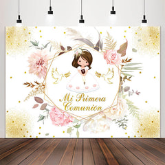 Lofaris Mi Primera Comunion Floral Glitter Baptism Backdrop