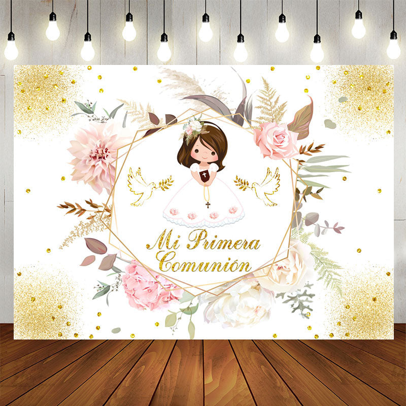 Lofaris Mi Primera Comunion Floral Glitter Baptism Backdrop