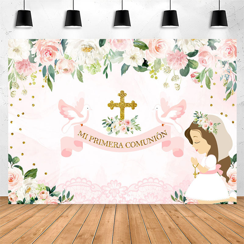 Lofaris Mi Primera Comunion Floral Pink Girl Baptism Backdrop