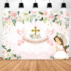 Lofaris Mi Primera Comunion Floral Pink Girl Baptism Backdrop