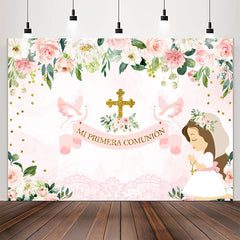 Lofaris Mi Primera Comunion Floral Pink Girl Baptism Backdrop