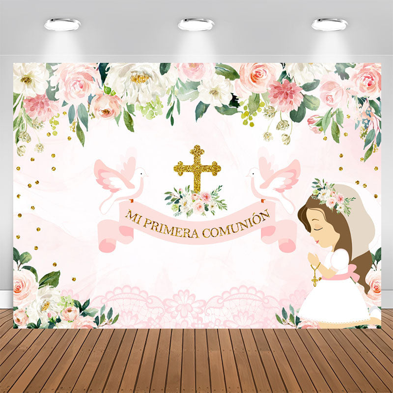 Lofaris Mi Primera Comunion Floral Pink Girl Baptism Backdrop