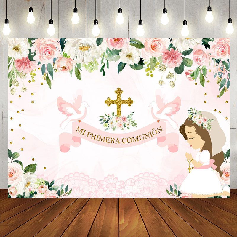 Lofaris Mi Primera Comunion Floral Pink Girl Baptism Backdrop