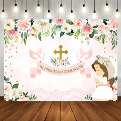 Lofaris Mi Primera Comunion Floral Pink Girl Baptism Backdrop