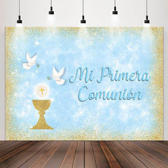 Lofaris Mi Primera Comunion Gold Glitter Blue Baptism Backdrop