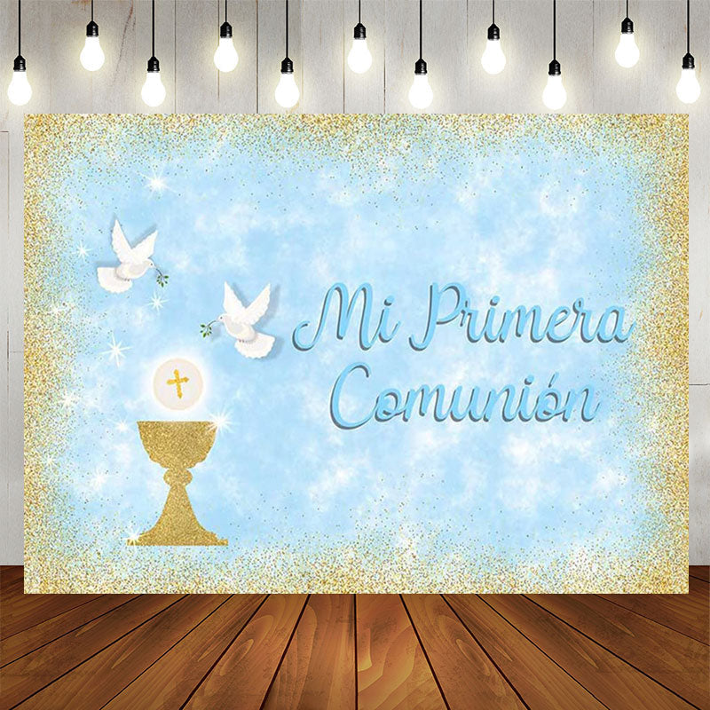 Lofaris Mi Primera Comunion Gold Glitter Blue Baptism Backdrop