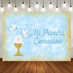 Lofaris Mi Primera Comunion Gold Glitter Blue Baptism Backdrop