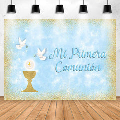 Lofaris Mi Primera Comunion Gold Glitter Blue Baptism Backdrop