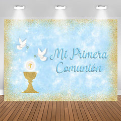 Lofaris Mi Primera Comunion Gold Glitter Blue Baptism Backdrop