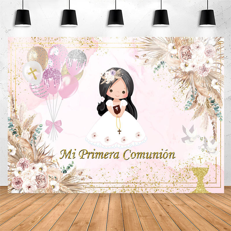 Lofaris Mi Primera Comunion Pink Floral Baptism Backdrop