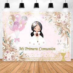 Lofaris Mi Primera Comunion Pink Floral Baptism Backdrop