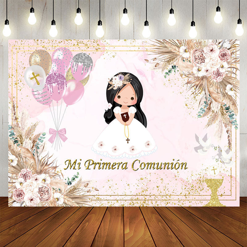 Lofaris Mi Primera Comunion Pink Floral Baptism Backdrop