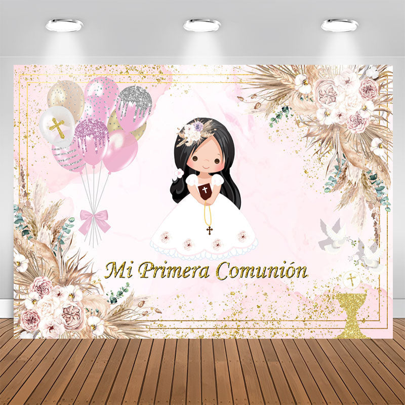 Lofaris Mi Primera Comunion Pink Floral Baptism Backdrop